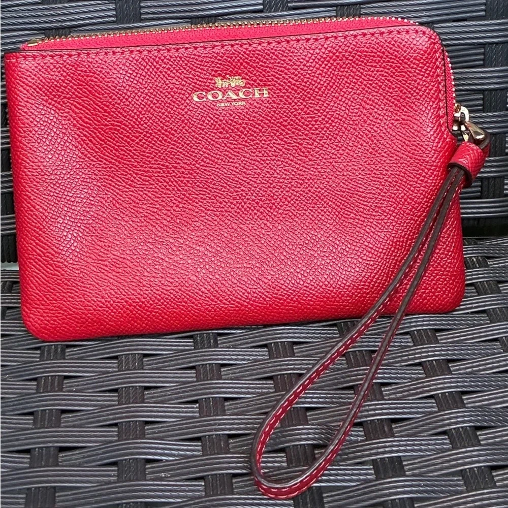 Coach Red Pebbled Leather Wristlet with Gold Logo